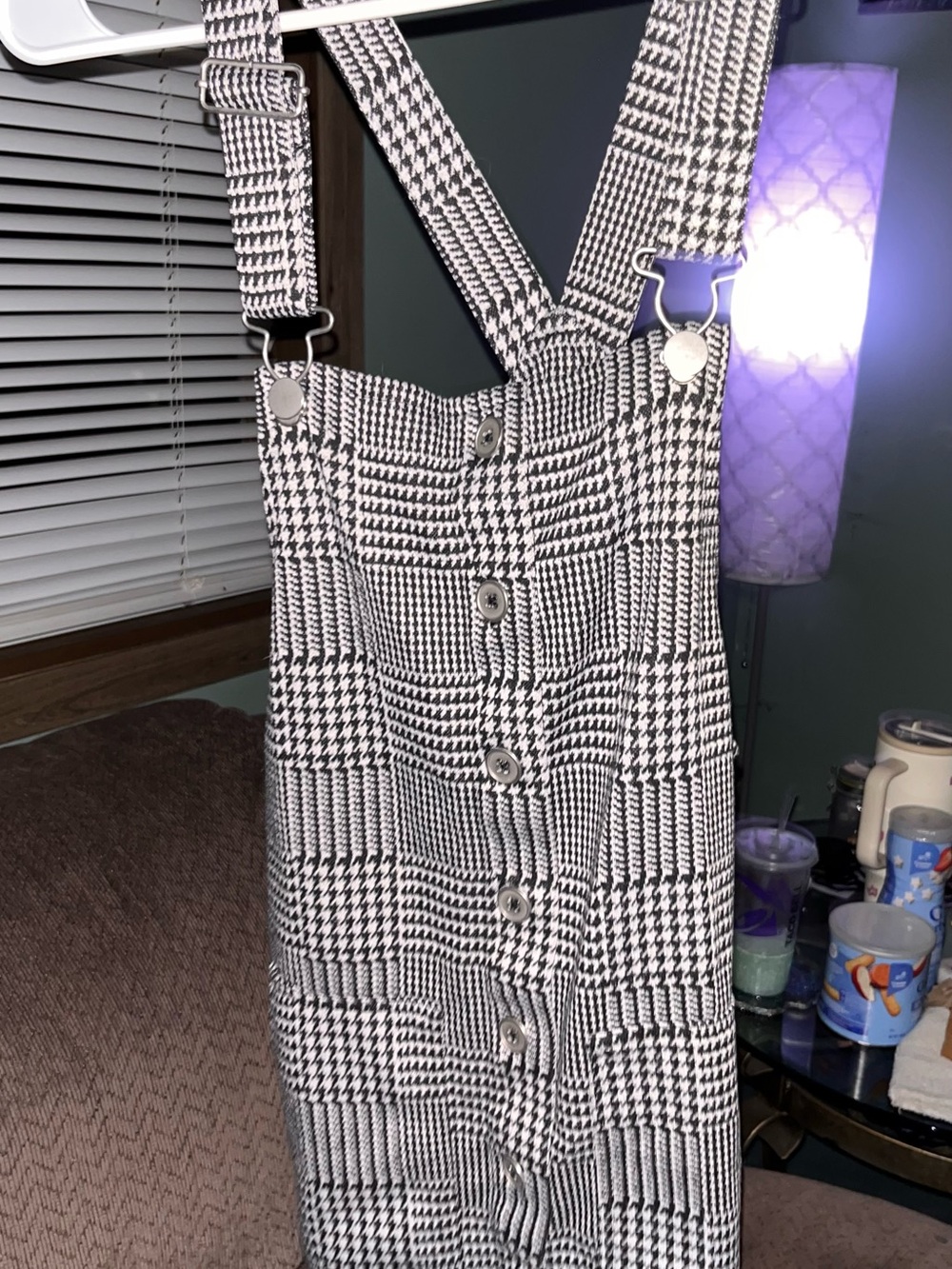 Black and White Houndstooth Button-Front Pinafore Dress